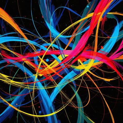 The primary subject of the image is a colorful, abstract artwork featuring a mix of blue, yellow, and red colors. The setting is a black background, which contrasts with the vibrant colors of the artwork. The visual style appears to be a combination of digital art and illustration, creating a unique and eye-catching piece. The overall atmosphere of the image is energetic and lively, with the bold colors and dynamic patterns evoking a sense of movement and creativity.